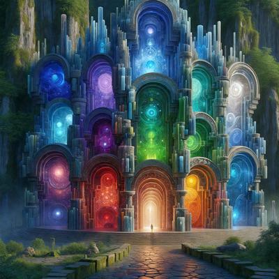 The primary subject of the image is a large, colorful building with many windows. The building is situated in a lush, green environment, surrounded by trees and mountains. The visual style of the image is digital art, with a vibrant and lively atmosphere. The colors and mood of the image are predominantly bright and cheerful, with a sense of wonder and fantasy.
